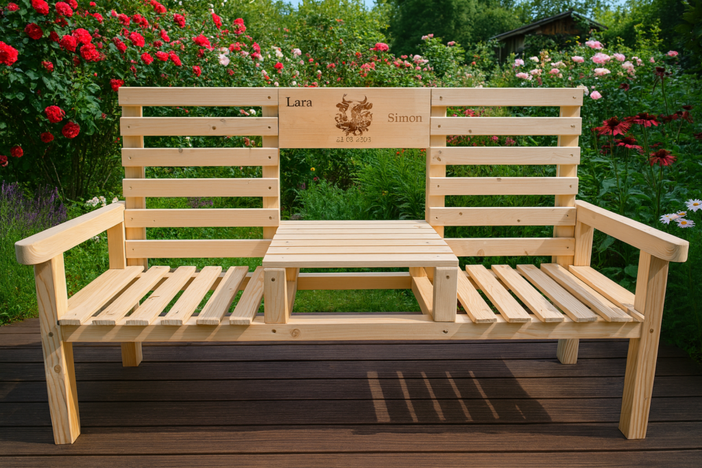 Gartenbank mit Gravur aus hellem Holz, Hochlehner und Mitteltisch, personalisierte Holztafel mit Namen und Datum, aufgestellt im blühenden Garten.