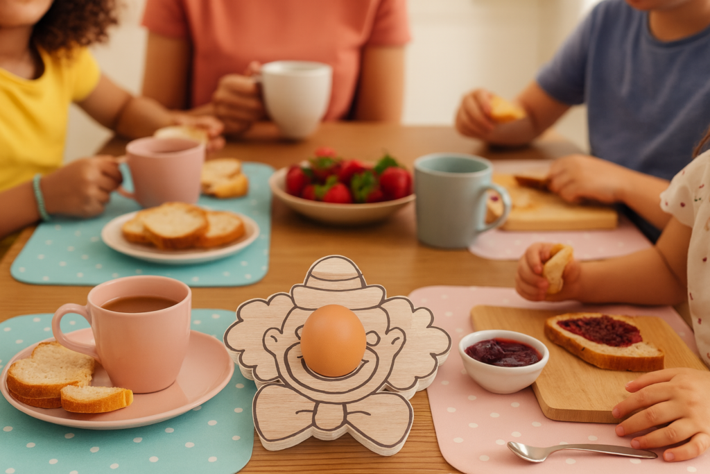 Handgefertigter Clown Eierbecher Holz auf einem liebevoll gedeckten Frühstückstisch mit Kindern und Familie – fröhliche Szene mit Kaffee, Brot und Marmelade.