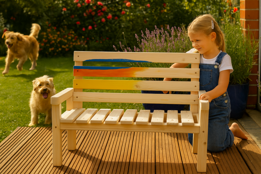 Kinder Gartenbank Holz im Garten – frei sichtbar auf dem Holzdeck, umgeben von lachendem Kind, Elternteil und fröhlichem Familienhund.
