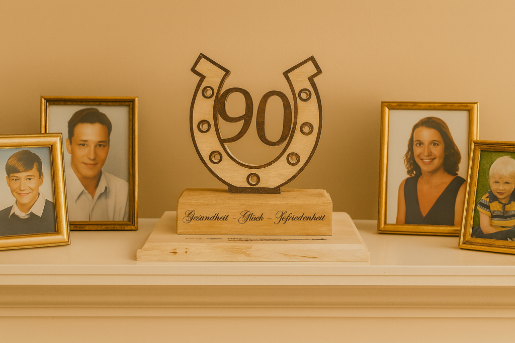 Personalisiertes Hufeisen Ehren‑Geschenk mit Zusatzplatte und Widmung auf einem Kamin‑Gesims, eingerahmt von Familienfotos“