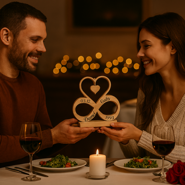 Paar übergibt sich ein Unendlichkeitszeichen Holz Gravur bei romantischem Dinner mit Kerzen und Rosen.