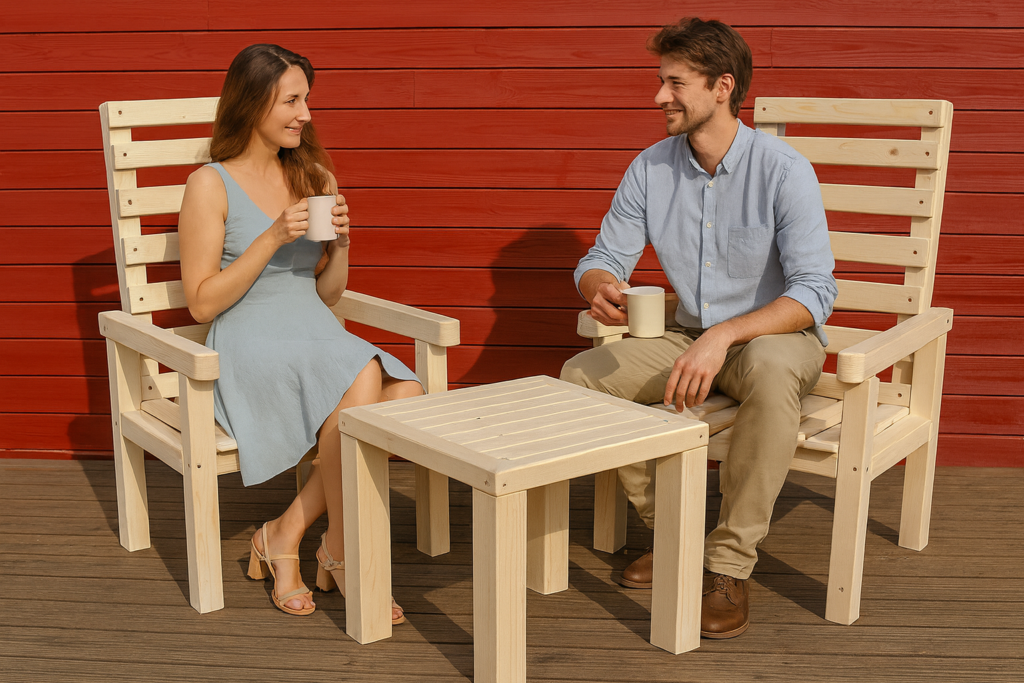 Paar sitzt auf handgefertigtem Kreativ-Holz Gartenmöbelset aus hellem Nadelholz – zwei Hochlehner-Gartenstühle und ein Loungetisch im gepflegten Garten, beide genießen eine Tasse Kaffee.