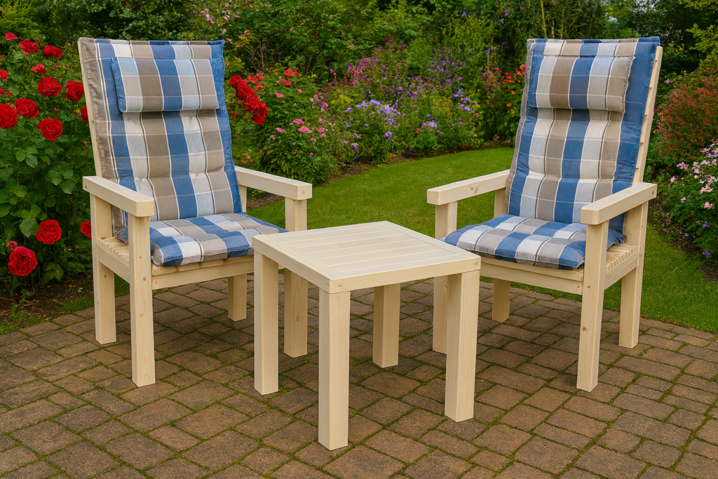 Handgefertigtes Kreativ-Holz Gartenmöbelset aus hellem Nadelholz mit zwei Hochlehner-Gartenstühlen und Polsterauflagen, dazu ein passender Loungetisch auf einer Terrasse im blühenden Rosengarten. Massive Gartenmöbel aus Holz aus Heinbockel