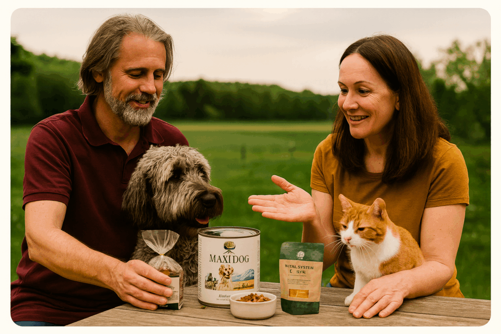 Ein Mann und eine Frau sitzen an einem Holztisch im Grünen und laden liebevoll einen Hund und eine Katze zum Essen ein. Auf dem Tisch stehen Reico-Produkte und gefüllte Futternäpfe. Die Szene vermittelt Nähe, Fürsorge und Verbundenheit.