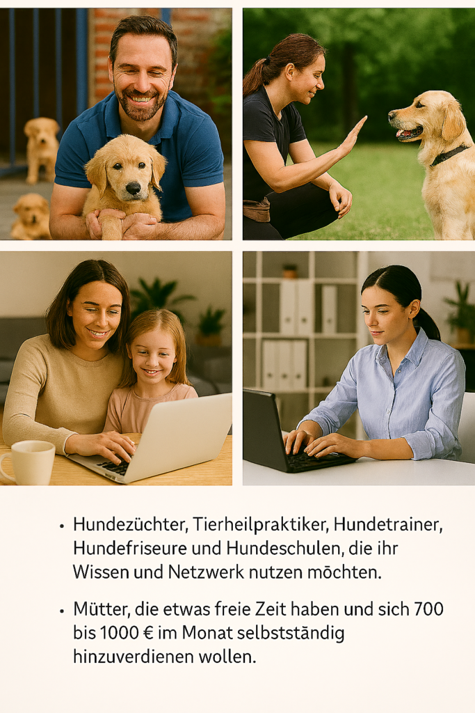 Collage mit Hundezüchter, Hundetrainerin, Mutter mit Kind am Laptop und Teilzeitkraft im Büro – zeigt die Vielfalt der Menschen, die den REiCO-Nebenerwerb nutzen können.