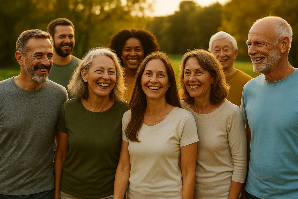 Gruppe von Menschen zwischen 35 und 65 Jahren in natürlicher Alltagsszene – Symbol für natürliche Nahrungsergänzung und bewusste Körperbalance