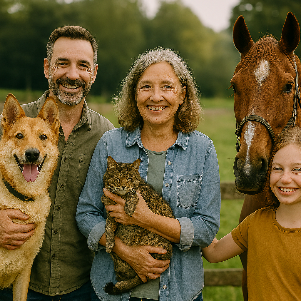 Familie mit Hund, Katze und Pferd im Grünen – natürliche REiCO Tiernahrung aus dem Allgäu und Familienhand
