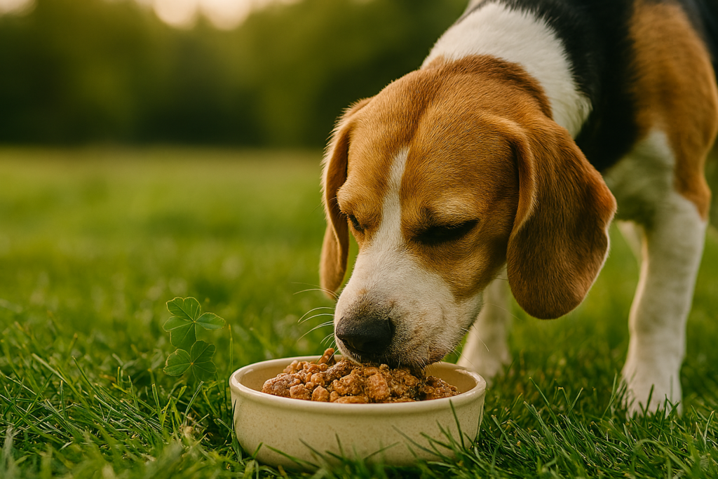 Hund frisst natürliche Tiernahrung aus dem Napf – REiCO Tiernahrung für Vitalität und Gesundheit