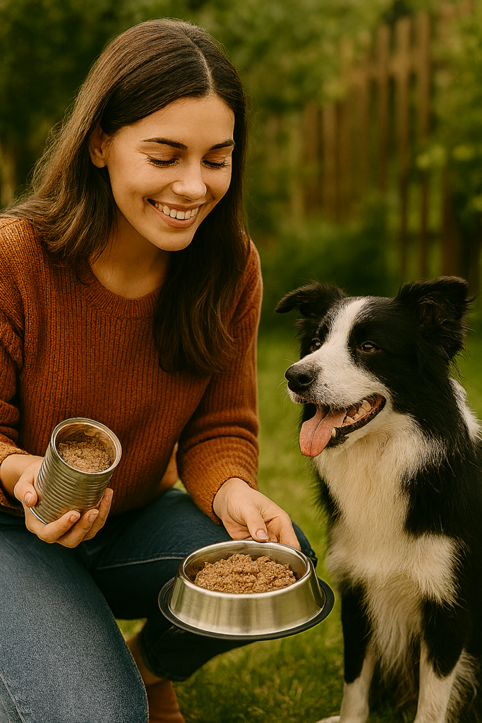 Junge Frau füttert ihren Hund mit individueller REiCO Tiernahrung Hund im Garten, abgestimmt auf Alter und Bedürfnisse