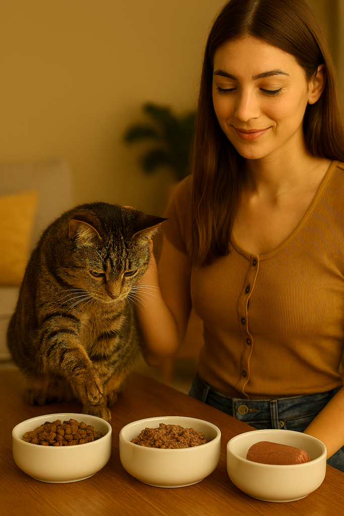 Katze zeigt mit Pfote auf ihren Lieblingsnapf mit REiCO Tiernahrung Katze, während Besitzerin liebevoll zusieht