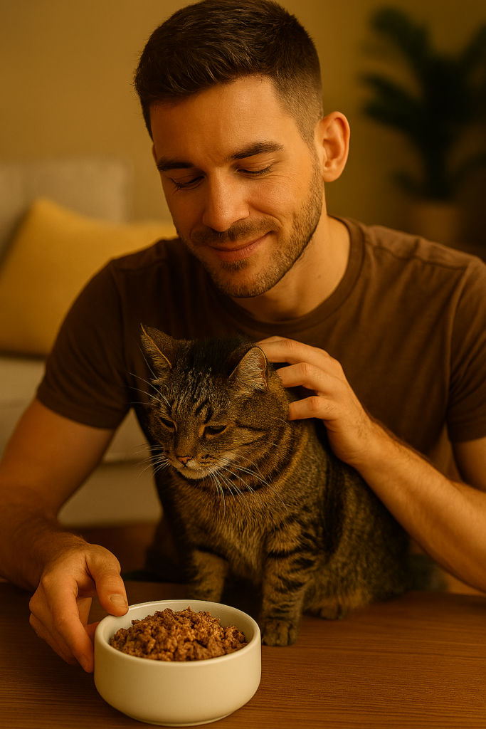 Katzennapf mit hochwertigem REiCO Nassfutter bei natürlicher Tiernahrung Katze in wohnlicher Atmosphäre