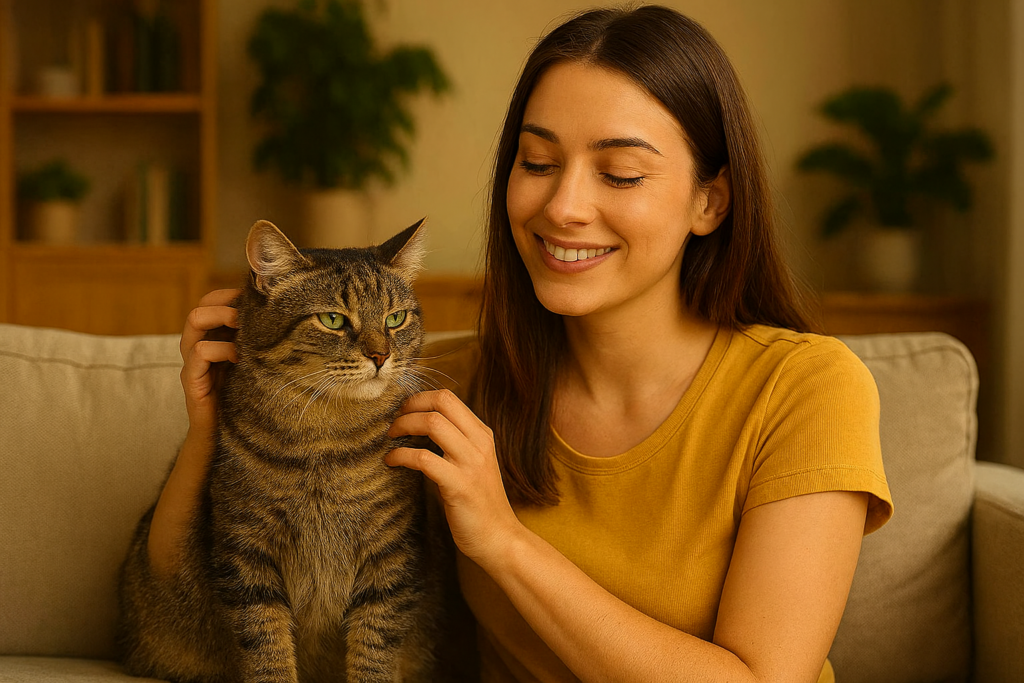 Junge Frau streichelt ihre Wohnungskatze im Wohnzimmer bei natürlicher Tiernahrung Katze