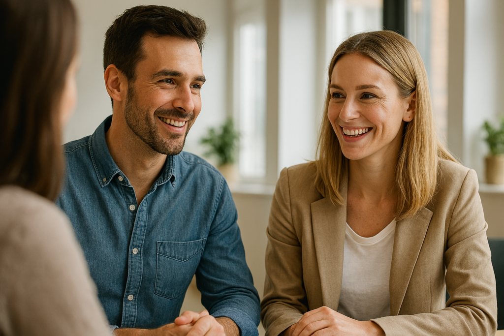 Zwei Menschen im Gespräch über ihren beruflichen Neuanfang als REiCO Vollzeit Partner – selbstbestimmt, sinnstiftend und voller Perspektive.