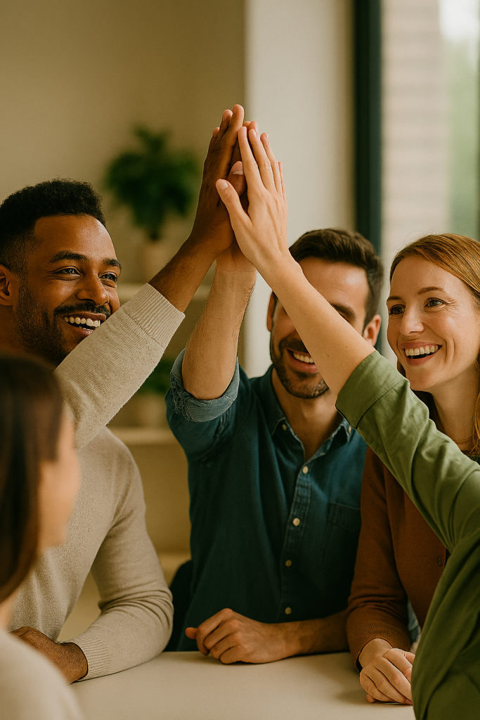 REiCO Vollzeit Partner feiern gemeinsam einen Teamerfolg – tragfähiges Einkommen entsteht durch stabile Kundenbeziehungen und echtes Miteinander.