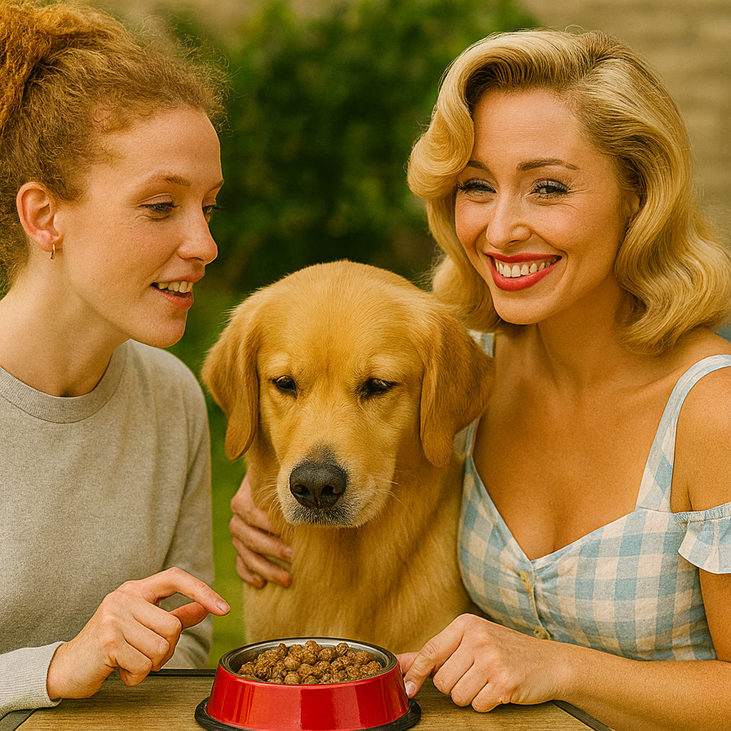 Zwei Frauen beraten sich persönlich über Tiernahrung Hund, während ein Golden Retriever entspannt zwischen ihnen sitzt