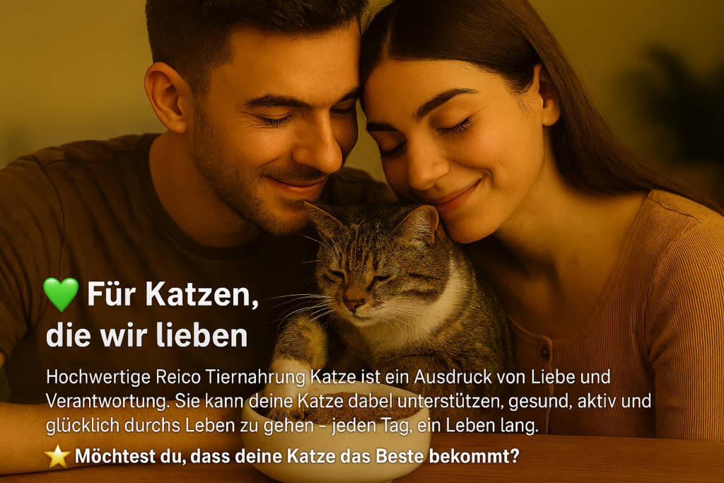 Katzenbesitzerin und Katzenbesitzer schmusen liebevoll mit ihrer Wohnungskatze – Tiernahrung Katze als Ausdruck von Fürsorge