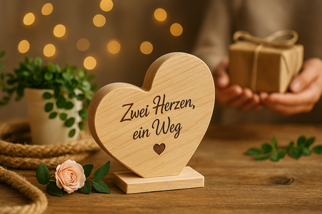 Herzförmiges Holz‑Unikat mit Gravur in einer warmen Geschenk‑Szene – Beispiel für personalisierte Holzgeschenke aus der Kreativ‑Holz Manufaktur Starzonek, passend zur FAQ personalisierte Holzgeschenke.