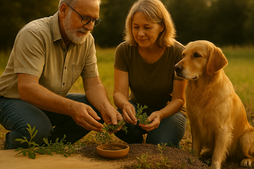 REiCO bestellen Beratung mit über 20 Jahren Erfahrung: Menschen arbeiten mit Boden und Pflanzen, Hund sitzt aufmerksam daneben.
