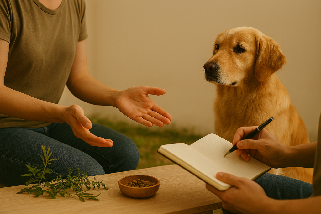 REiCO bestellen Erstberatung: Daniel Starzonek erklärt Schritt für Schritt die Futterumstellung, Hund sitzt aufmerksam daneben, Kräuter und Futterschale auf dem Tisch.