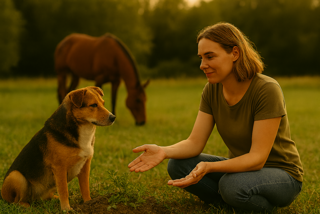 REiCO bestellen Beratung: Gabriele Starzonek begegnet Hund auf Augenhöhe, offene Haltung, Pferd im Hintergrund – natürliche, bedürfnisorientierte Szene.