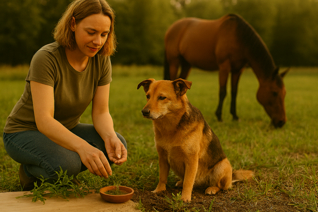 REiCO bestellen ganzheitlich erklärt: Gabriele Starzonek arbeitet mit Kräutern am Boden, Hund sitzt daneben, Pferd im Hintergrund in natürlicher Umgebung.