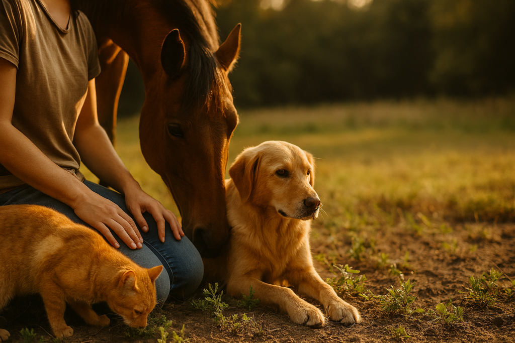 Ganzheitliche REiCO bestellen Beratung: Mensch, Hund, Katze und Pferd in natürlicher Umgebung mit sichtbarem Boden und Pflanzen.