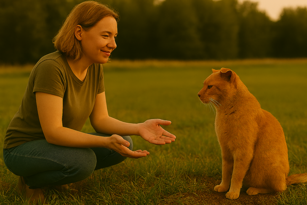 REiCO bestellen FAQ: Gabriele Starzonek begegnet Katze mit offener Geste in weiter Natur, symbolisiert Raum für Fragen und vertrauensvolle Beratung.