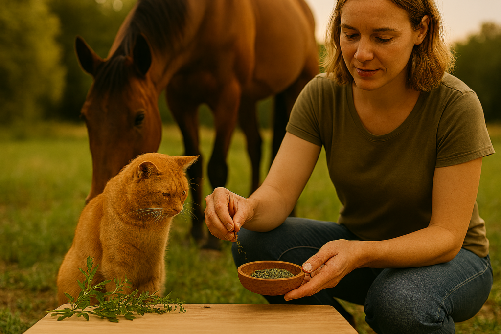 REiCO bestellen Naturkraft Kräuter in der Praxis: Gabriele Starzonek dosiert Kräuter, Katze und Pferd beobachten aufmerksam in natürlicher Umgebung.