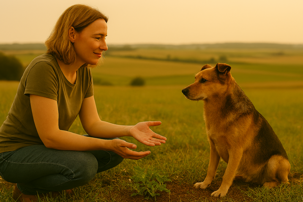 REiCO bestellen Beratung: Gabriele Starzonek begegnet Hund in weiter Landschaft, offene Haltung, symbolisiert regionale und überregionale Erreichbarkeit.