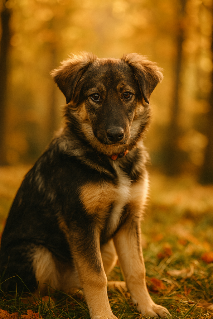 Sally im herbstlichen Gras – eine sanfte Hündin aus dem Tierschutz, die Teil unserer Hunde und REiCO Erfahrungen ist.