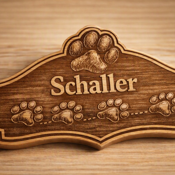 Personalisiertes Holz‑Namensschild aus Buchenleimholz mit Pfotenmotiv und Lasergravur „Schaller“ – handgefertigtes Unikat der Kreativ‑Holz‑Manufaktur Starzonek GbR.